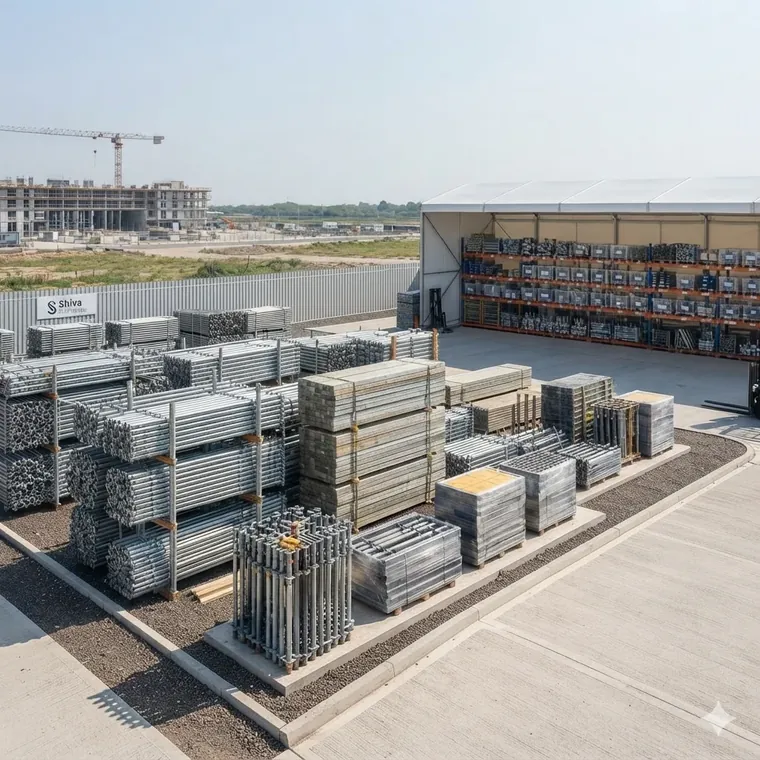 Stacks of scaffolding frames and shuttering material in a storage yard